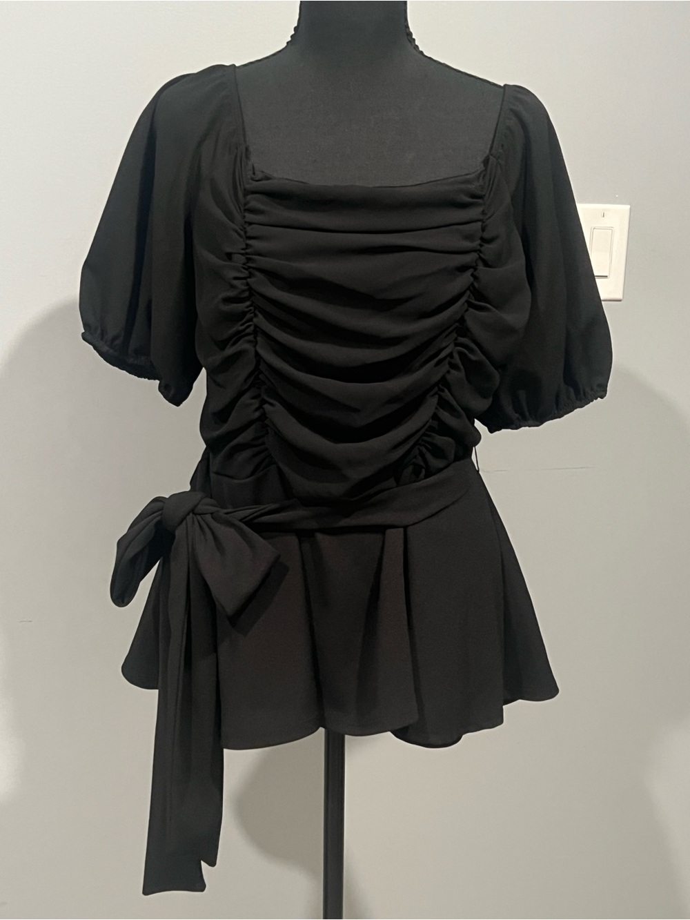 Black Ruched Peplum Tie-Waist Blouse